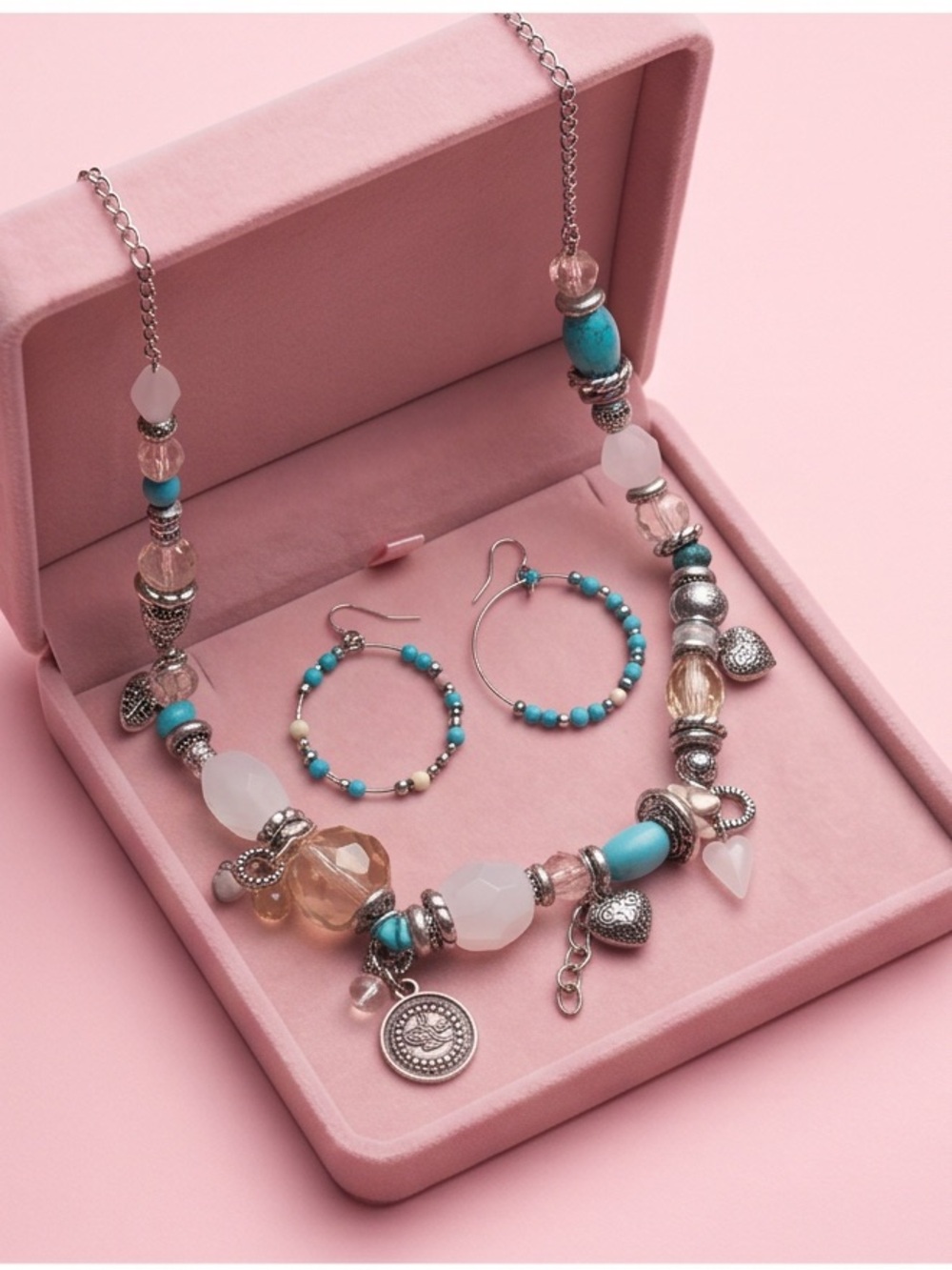 Boho Turquoise silver Beaded Charm Necklace and Hoop Earring set